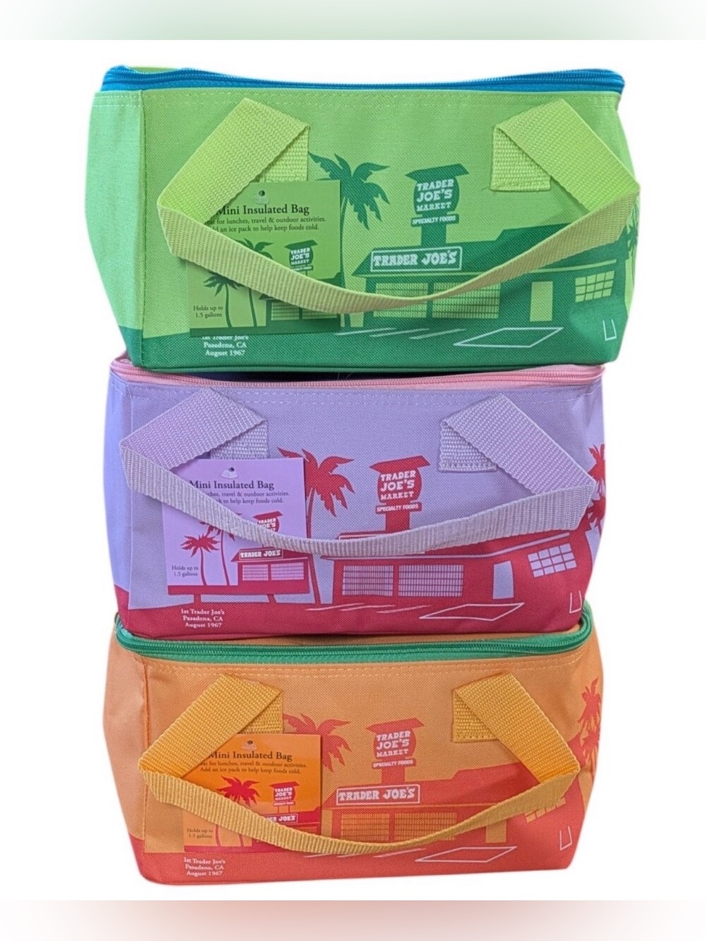 NWT Trader Joe’s mini Insulated Lunch Bag - bundle of 3 green, purple, & orange